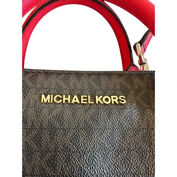 Michael Kors Signature Monogram Dome Satchel Crossbody Bag Red Leather Trim - Picture 8 of 8